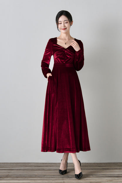 Elegant Burgundy Velvet Long Dress C4699