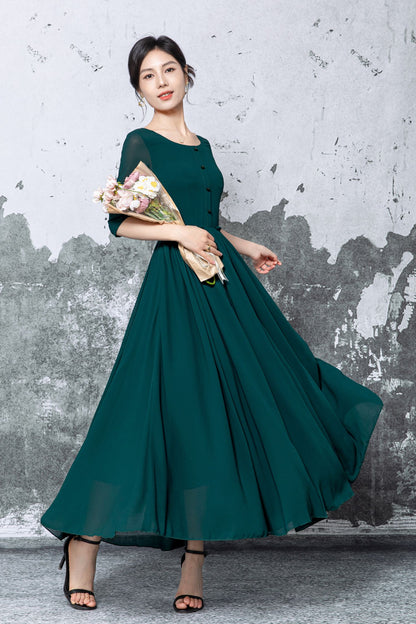 Dark Green Polyester Chiffon Maxi Dress - Pleated Fit-and-Flare with Half Sleeves c5472