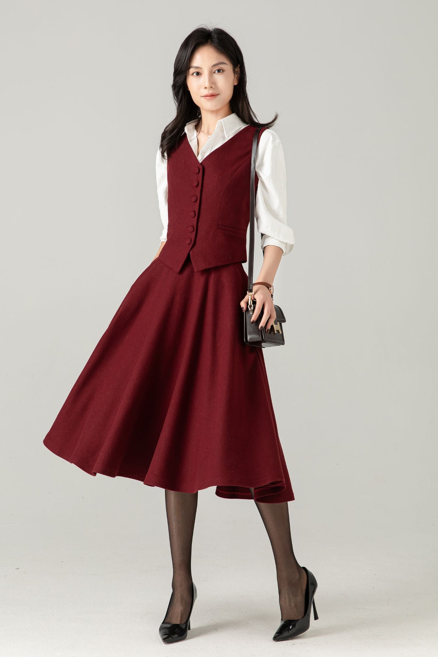 Burgundy Wool Midi Skirt: High Waist Winter A-Line Swing Skirt with Pockets, Ylistyle C5371