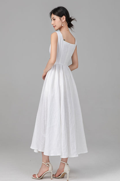 White Linen Maxi Dress - Square Neck Button Front, Pleated Waist C5526