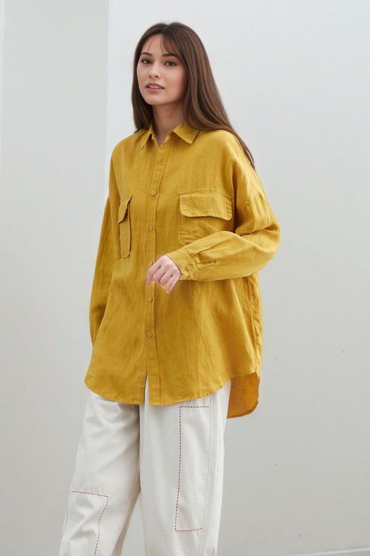 Yellow Linen Oversized Blouse: Women’s Button-Up Shirt with Patch Pockets, Ylistyle C5322