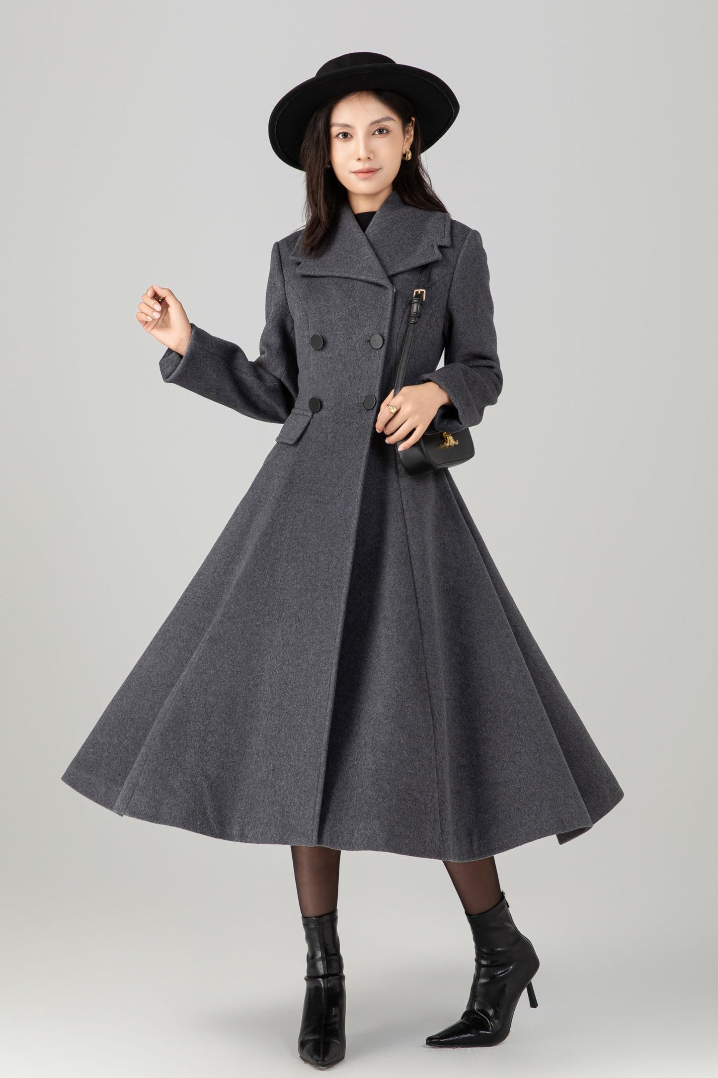 Gray double breasted long wool coat C5270