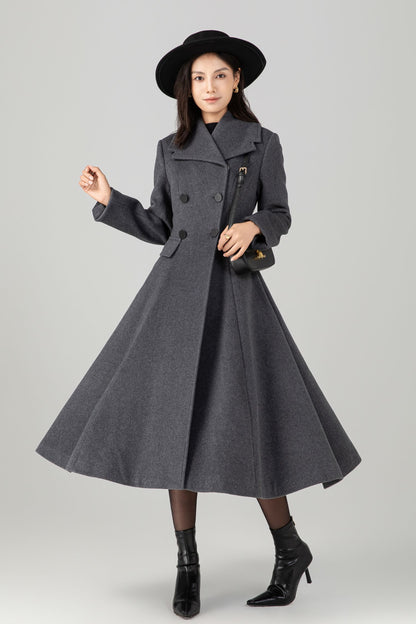 Gray double breasted long wool coat C5270