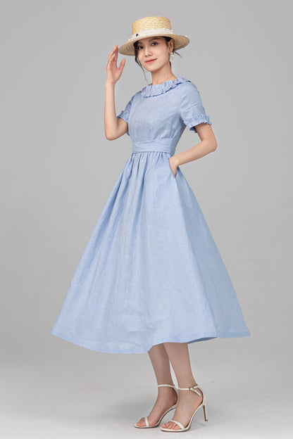 Light Blue Linen Midi Dress - Ruffle Neckline, Fit-and-Flare Silhouette c5518