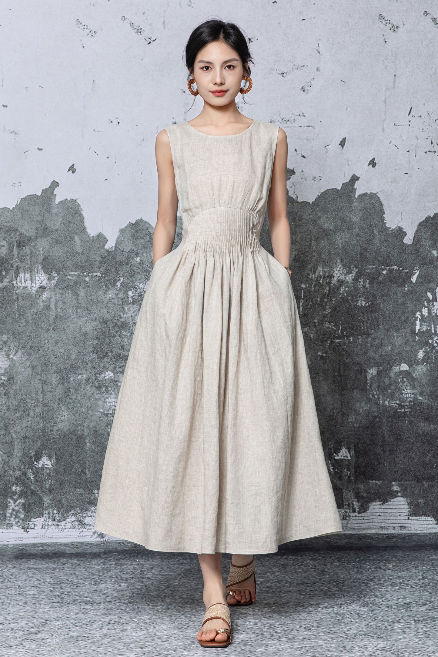 Natural Linen Maxi Dress - Sleeveless A-Line with Smocked Waist c5468