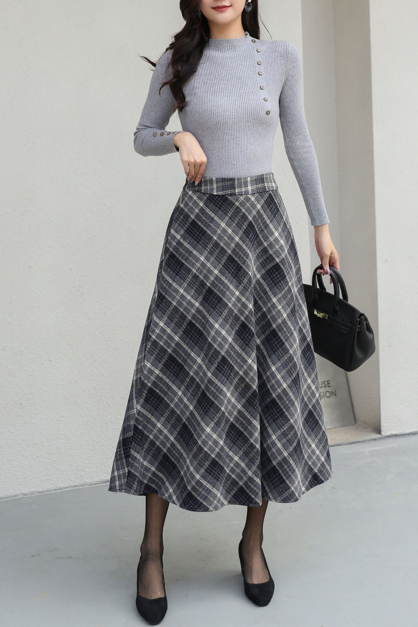 Plus Size Midi Plaid Wool Skirt C5188