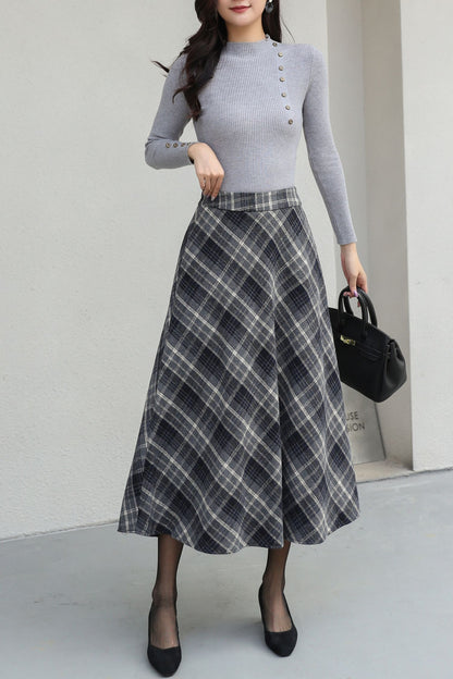 Plus Size Midi Plaid Wool Skirt C5188