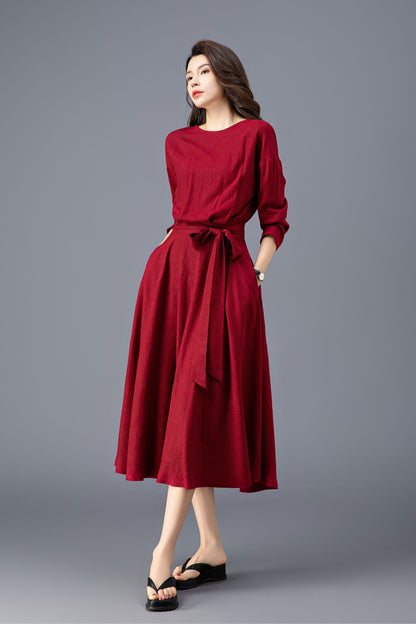 Women's Spring Burgundy Linen belted Dress C3909