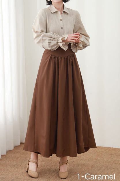 Caramel Linen Maxi Skirt - High Waist Pleated A-Line Silhouette c5452