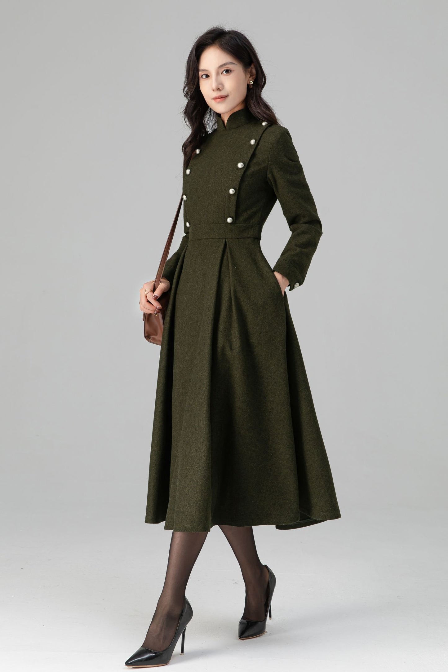 Military-Inspired Long Sleeve Wool Dress C5195