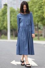 Load image into Gallery viewer, Blue Waist Drawstring Loose Dress C267
