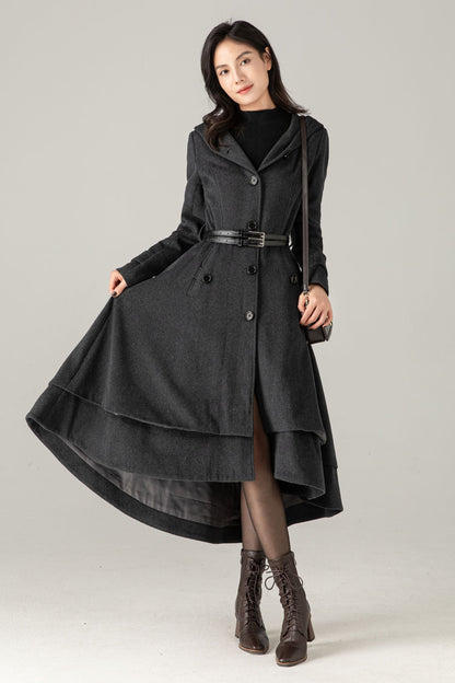 Gray Hooded Wool Blend Coat: Belted High-Low Maxi Swing Winter Overcoat, Ylistyle C5374
