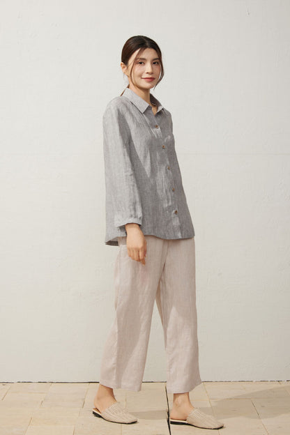 Women's Casual Light Grey Striped Linen Shirt C3937