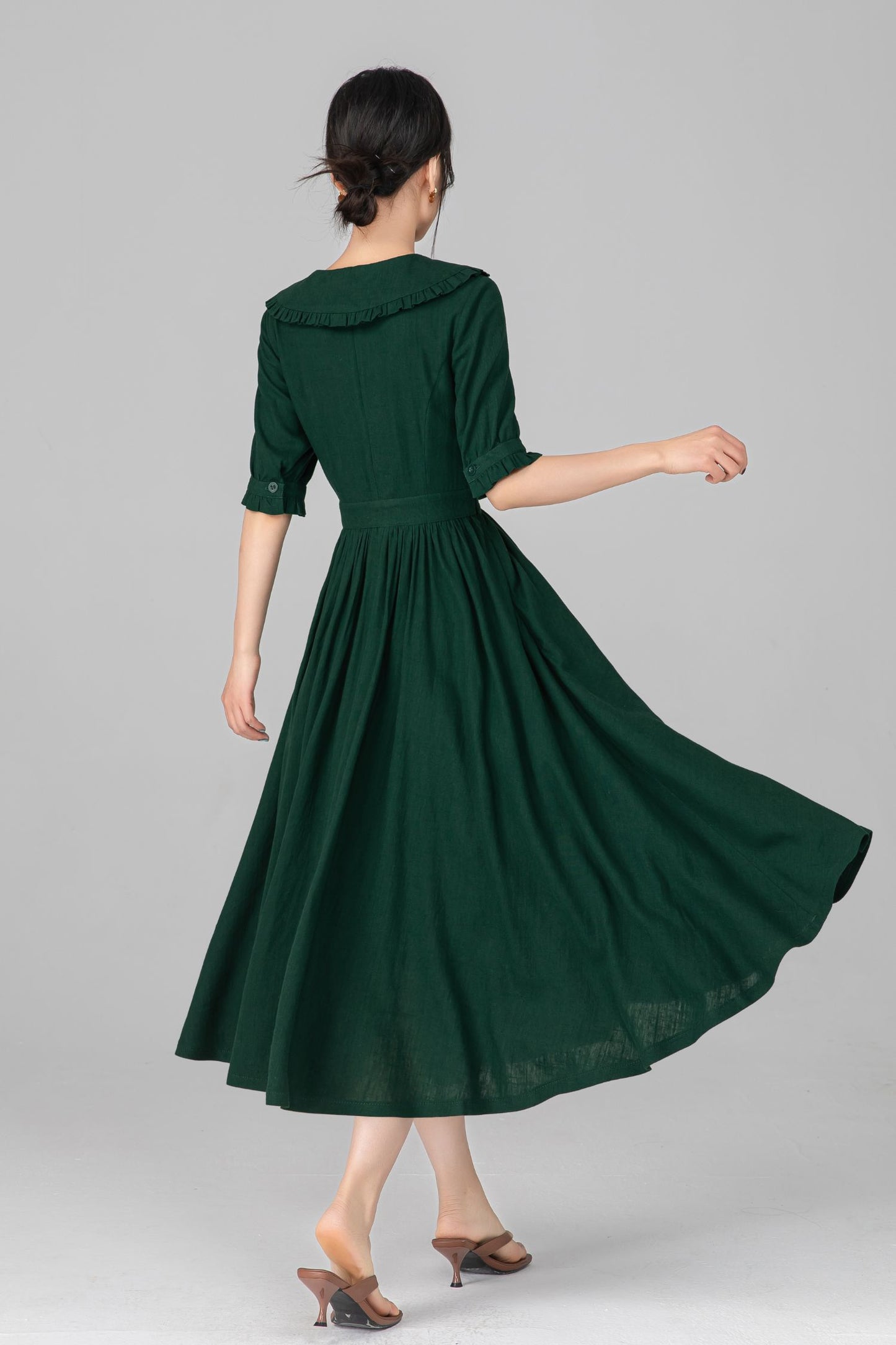 Dark Green Linen Midi Dress - Peter Pan Collar, Puff Sleeve c5515