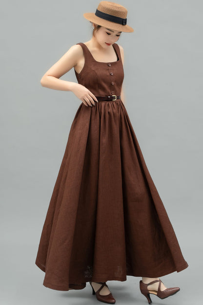 Brown linen Pinafore Maxi Dress C4746