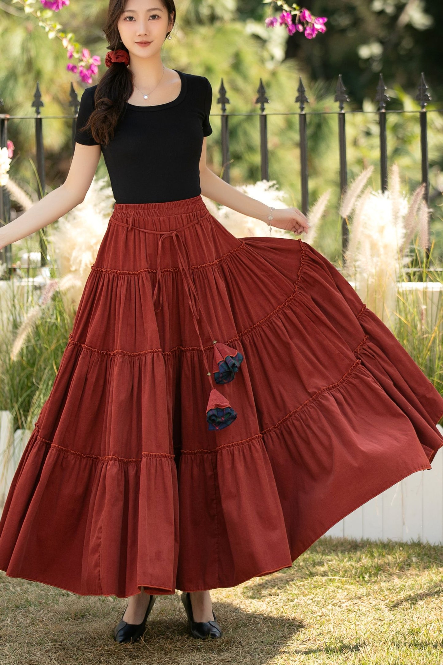 Rust Corduroy Tiered Maxi Skirt – Elastic Waist Boho Pleated Skirt C5436