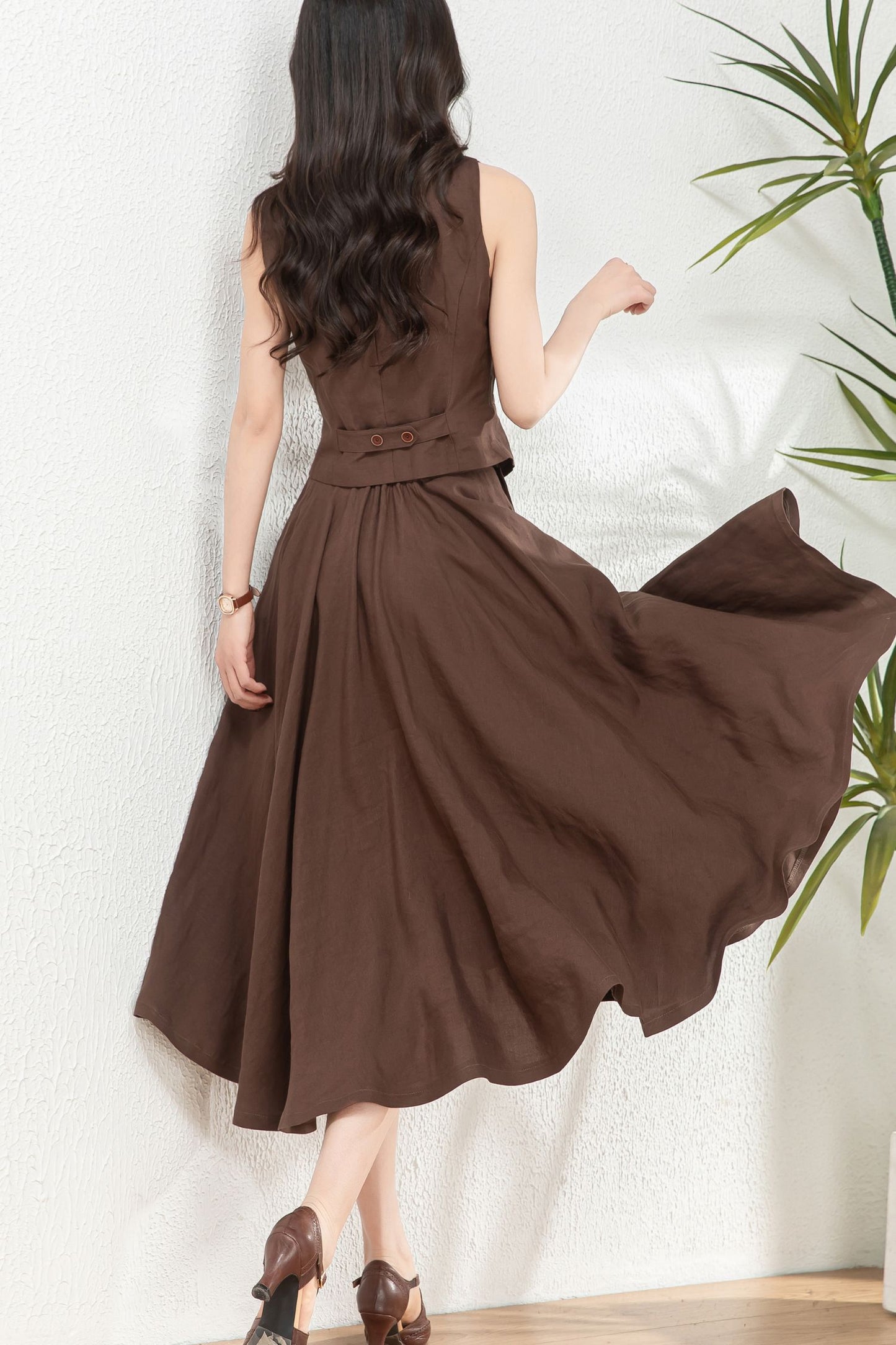 Brown Linen Swing Mid-Length A-Line Skirt C4764