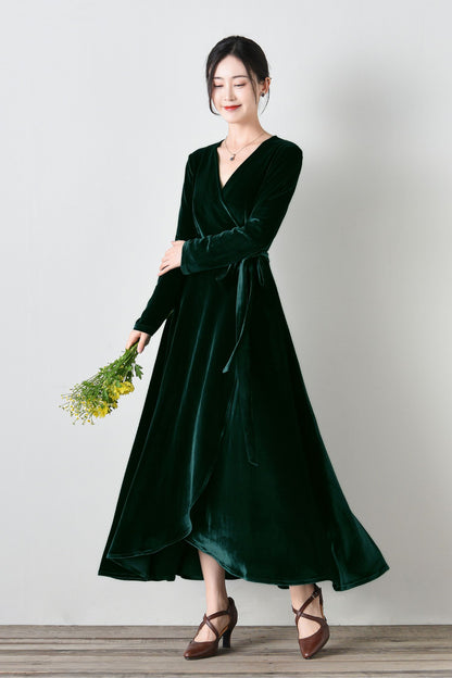 Long Velvet Wrap Dress with Belt C4695