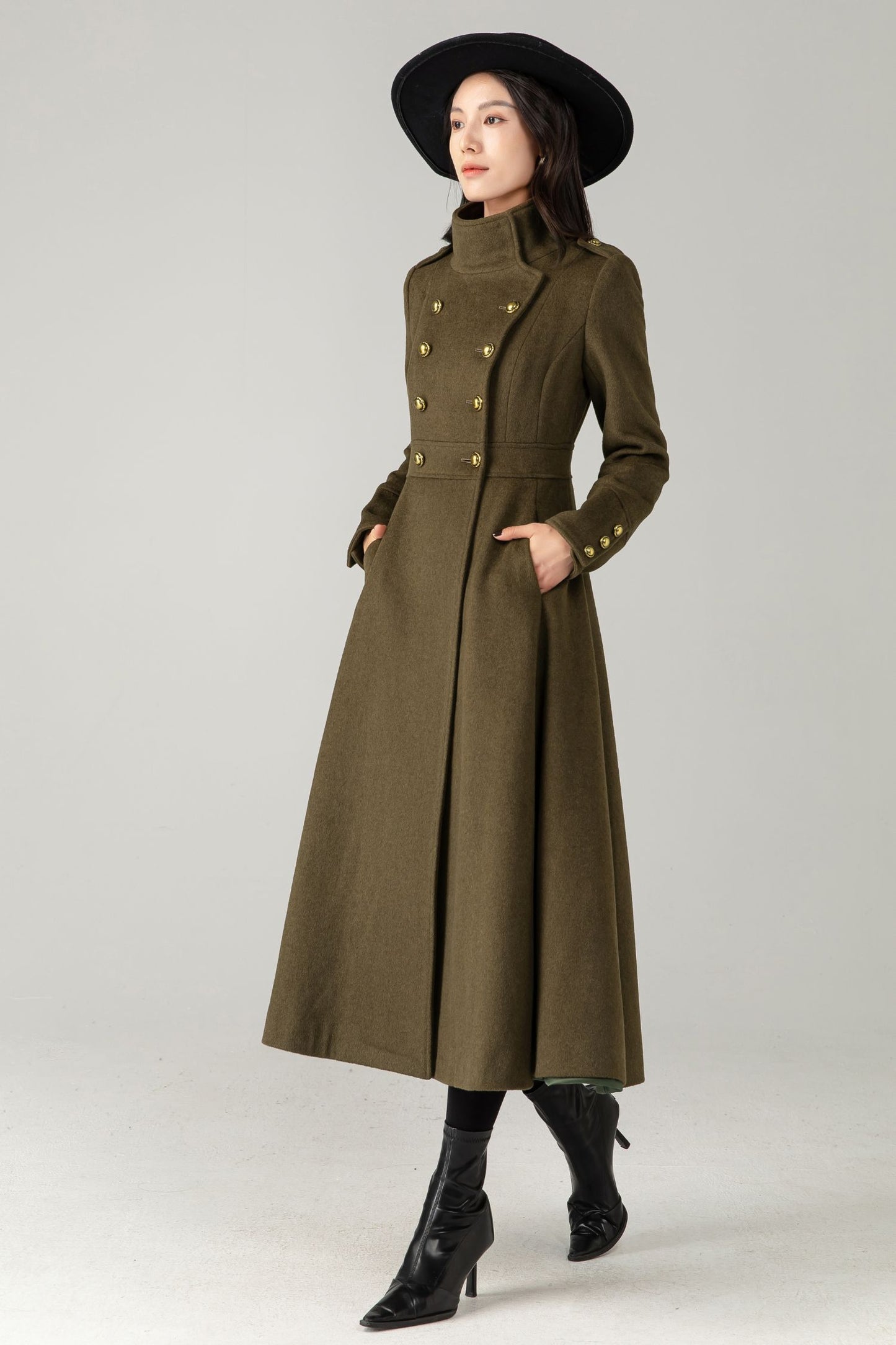 Green Wool Maxi Trench Coat: Double Breasted Long Winter Overcoat C5344