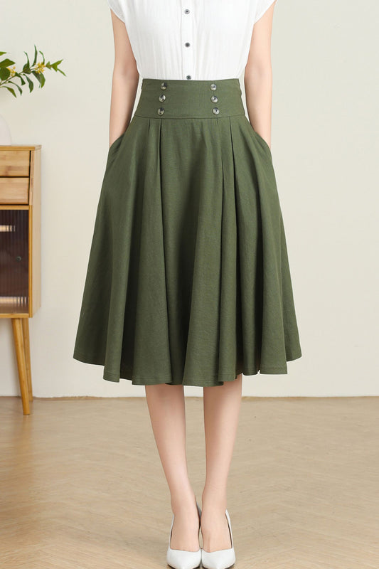 Green Pleated Swing Skirt with Pockets C4729