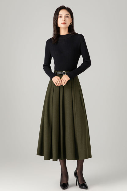 Army green midi winter wool skirt C5276