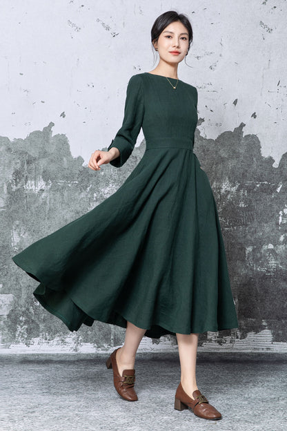 Dark Green Linen Midi Dress - Fit & Flare A-Line with Pockets c5460