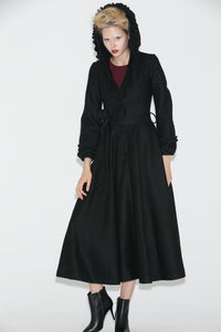 Long black hooded winter wool coat C706