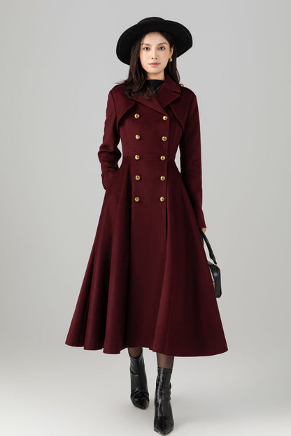 Burgundy winter long warm wool coat C5271