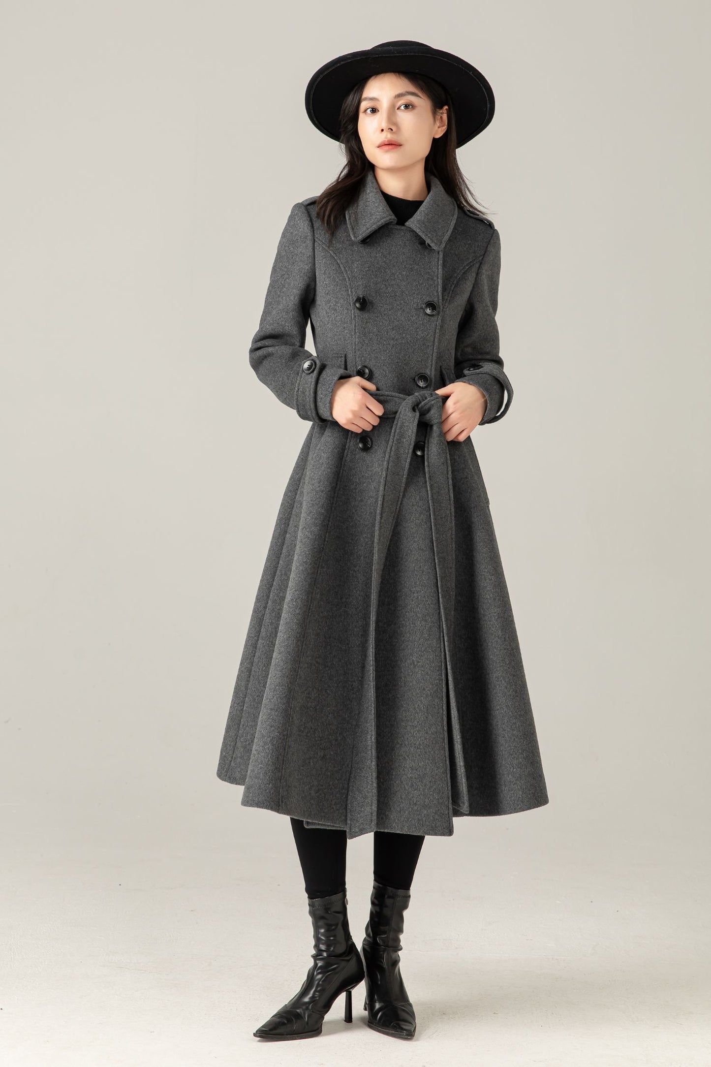 Gray Wool Blend Swing Coat: Double Breasted Belted Maxi Winter Overcoat, Ylistyle C5376