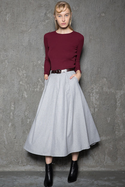 Gray pleated winter wool skirt women C737