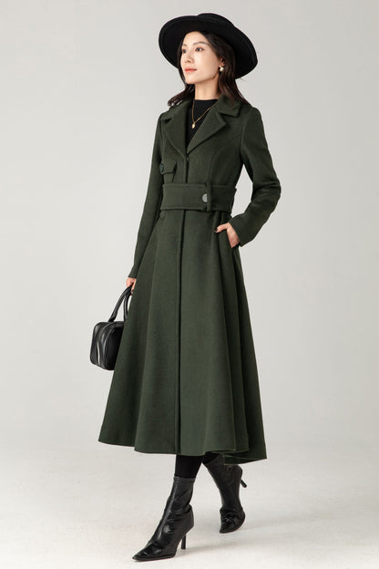 Green Wool Coat: Women’s Tailored Belted A-Line Winter Overcoa C5336