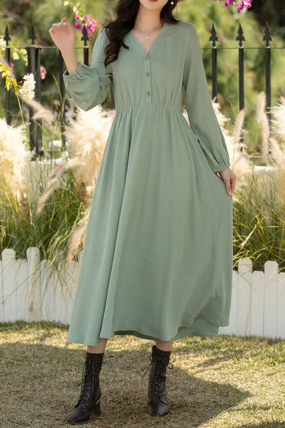 Sage Green Linen Cotton Midi Dress: Vintage Long Sleeve Button Front A-Line Dress, Ylistyle C5435