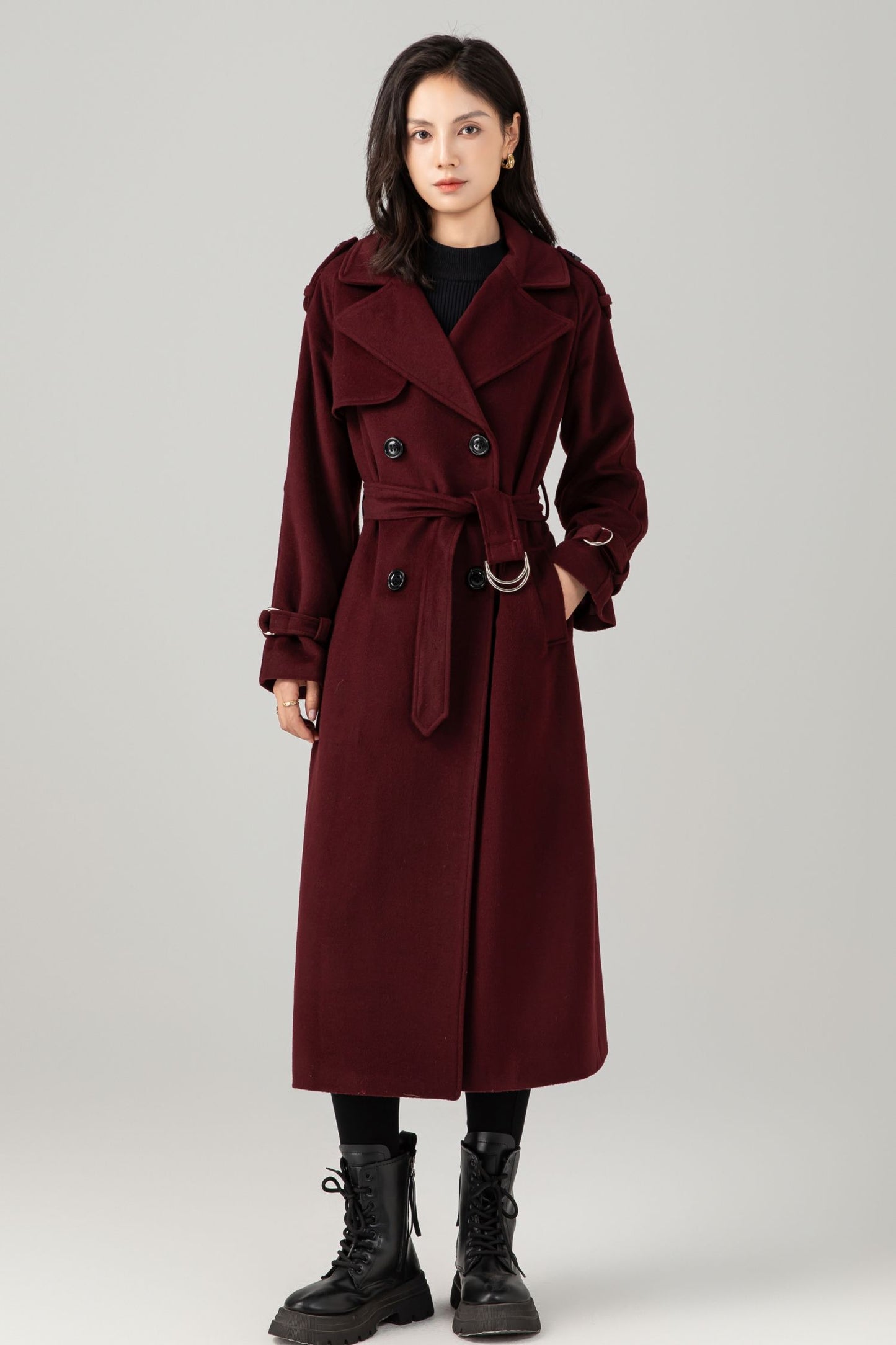Burgundy wool maxi coat with self tie belt C5280
