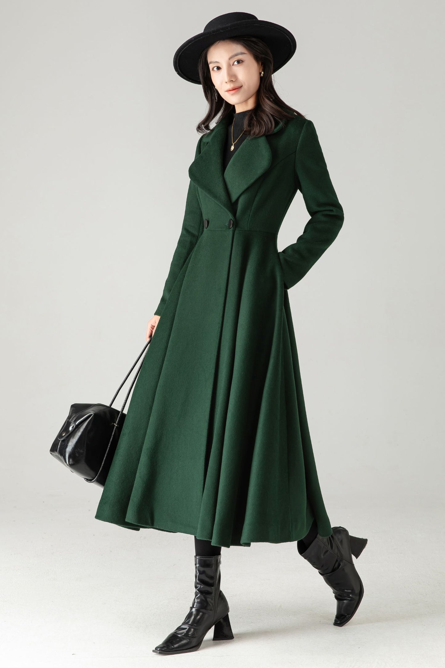 Emerald Green Wool Coat: Elegant Women's Swing Long Flared Trench Coat C5341