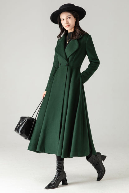 Emerald Green Wool Coat: Elegant Women's Swing Long Flared Trench Coat C5341