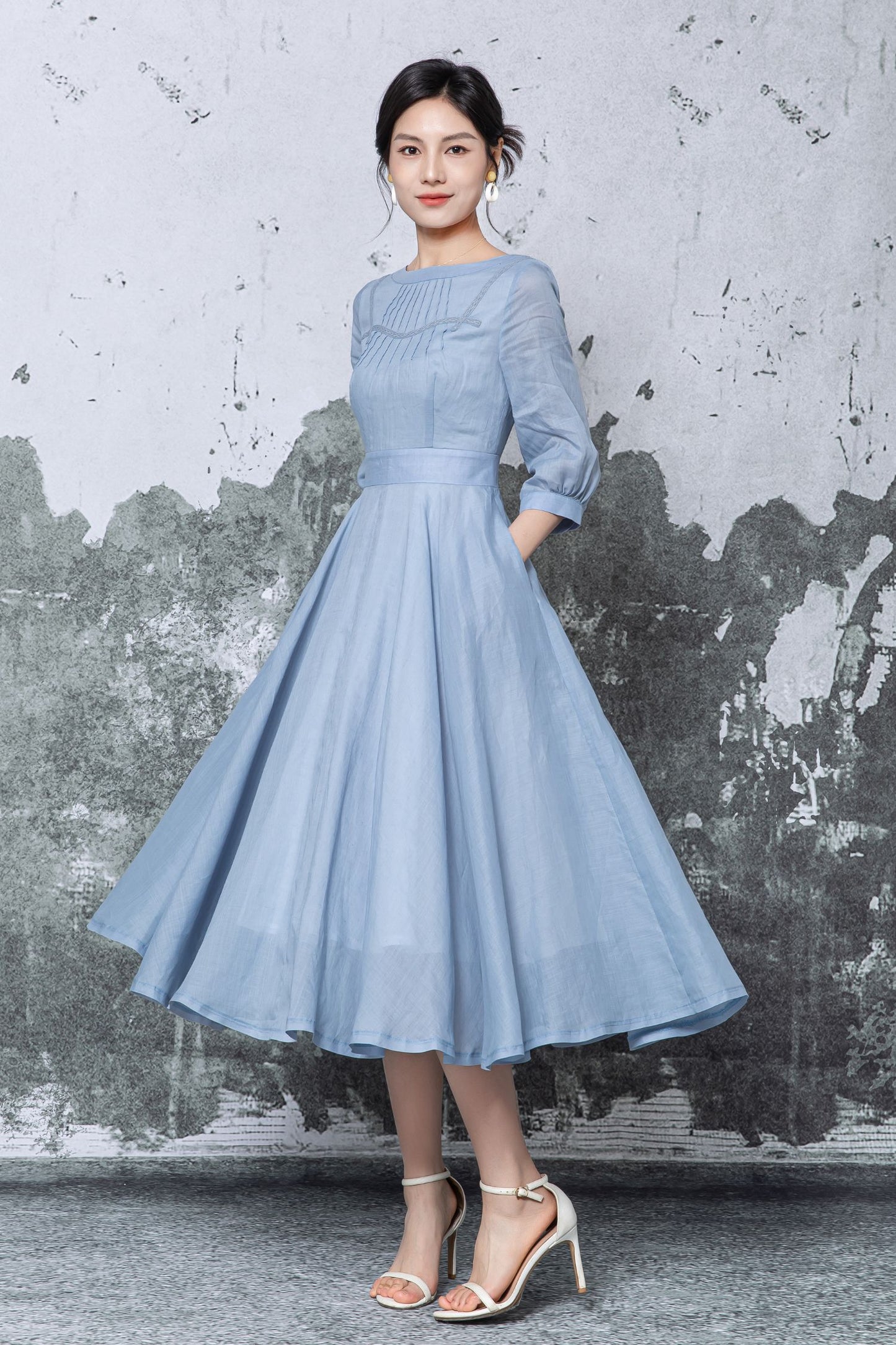 Blue Linen Midi Dress - Pleated Neckline Swing Silhouette c5475