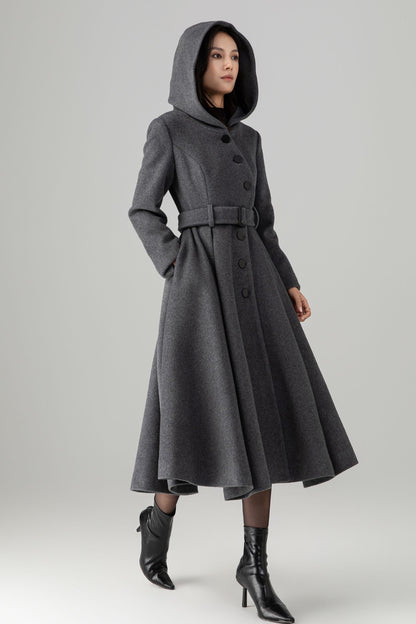 Swing gray long hooded wool coat C5269
