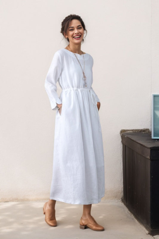 White Linen Casual Long Sleeve Drawstring Waist Dress C4617