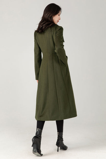 Army Green Wool Midi Coat: Women Tailored Winter Coat with Statement Collar C5335