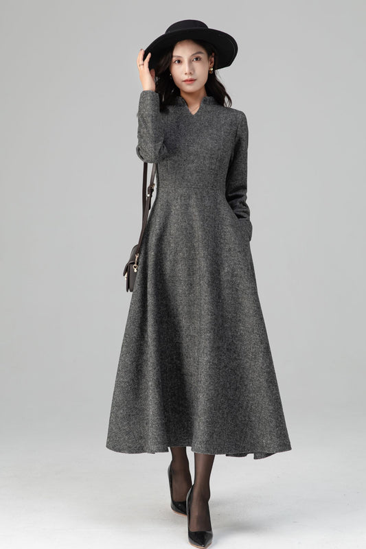 Warm Grey Long Sleeves Wool Maxi Dress C5204