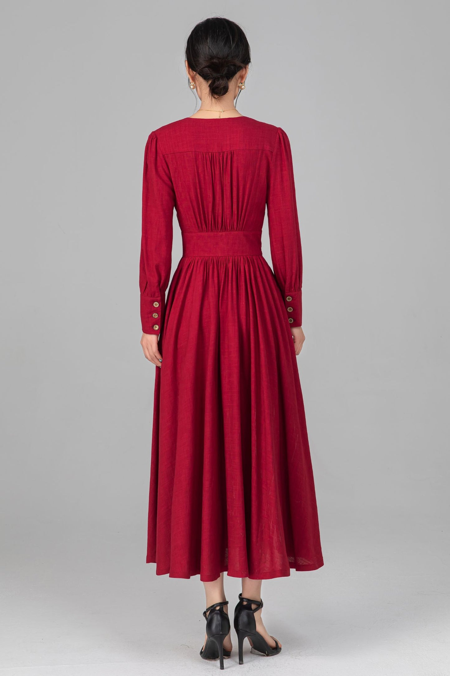 Red Linen Midi Dress - Button Front, V-Neck, Long Sleeve c5516