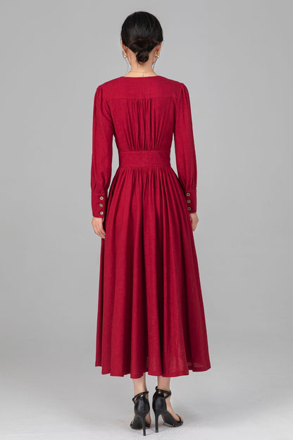 Red Linen Midi Dress - Button Front, V-Neck, Long Sleeve c5516
