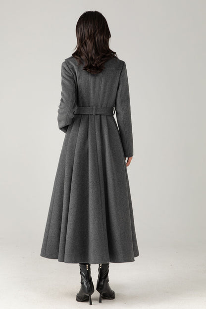 Double breasted long gray winter warm wool coat C5345
