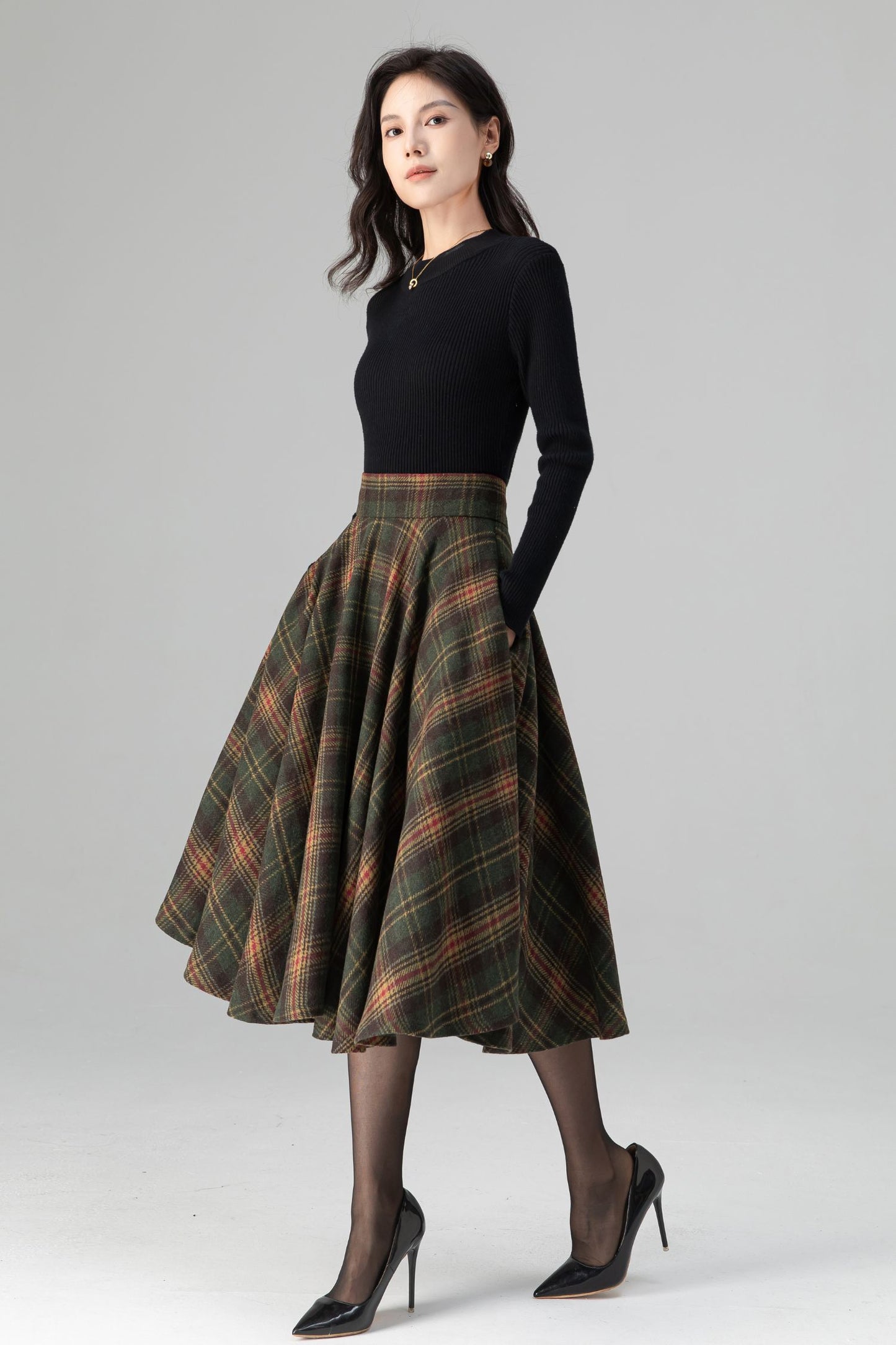 Swing Retro Tartan Midi Plaid Wool Skirt C5197