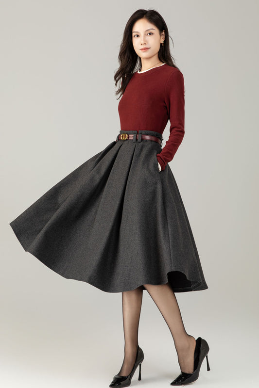 High waist a line gray winter wool skirt C5240