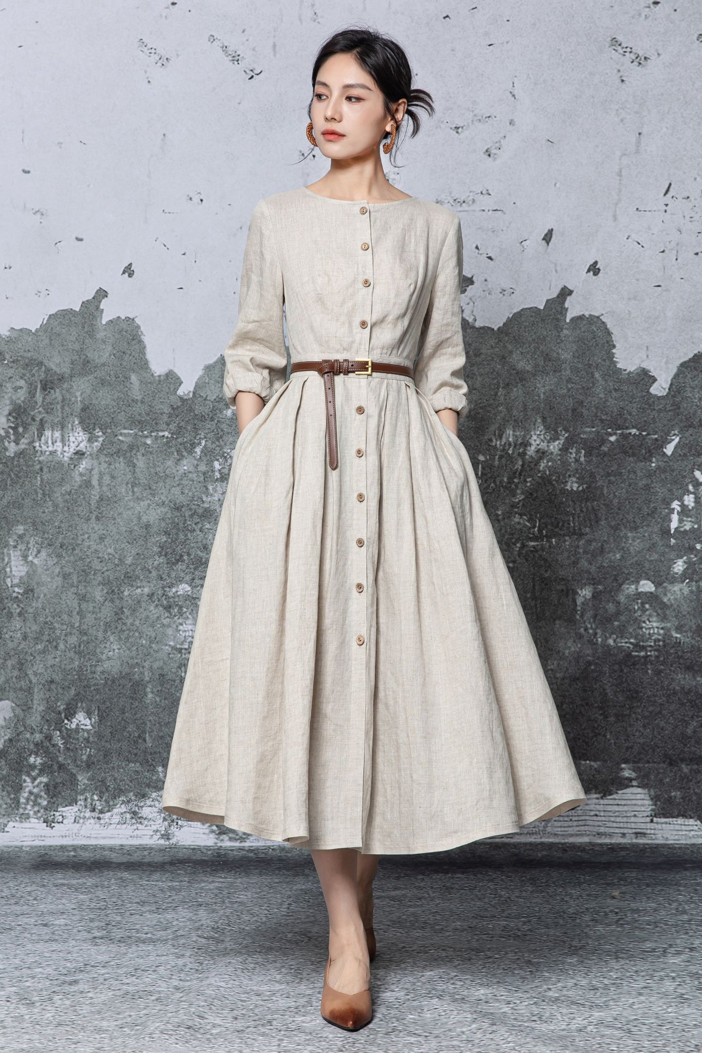 Beige Linen Midi Dress - Button Front Pleated A-Line Silhouette c5469