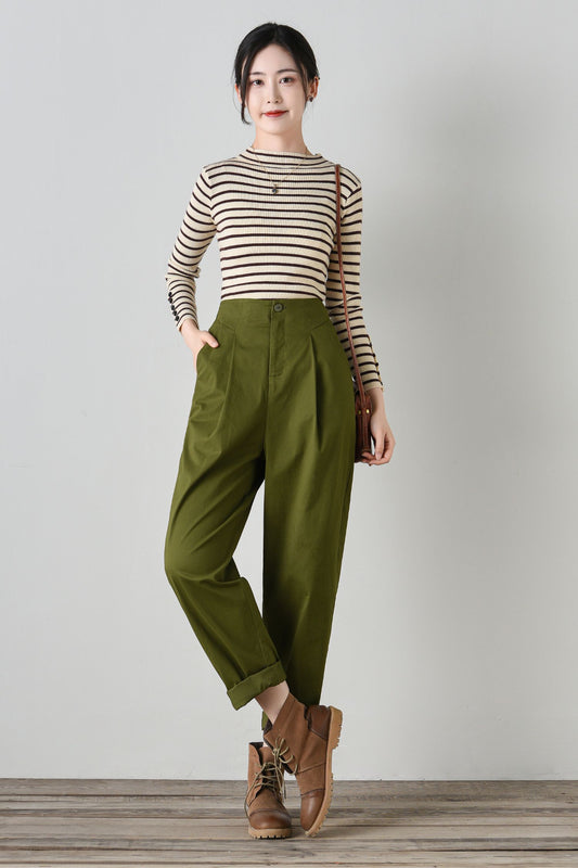 Army green cotton loose fitting pants C4700