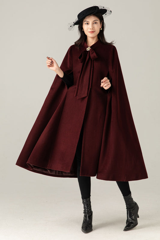 Burgundy Wool Blend Cape Coat: Women Long Winter Cape Outerwear, Ylistyle C5378