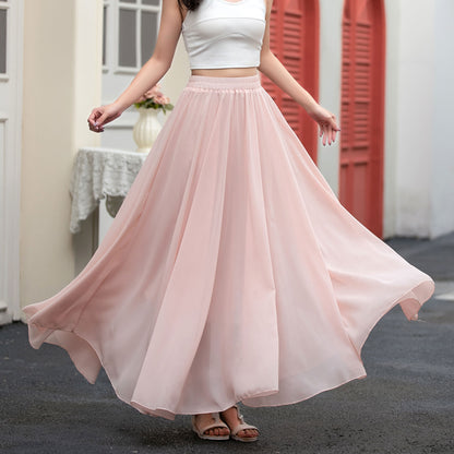 A line pink long chiffon skirt women C5034