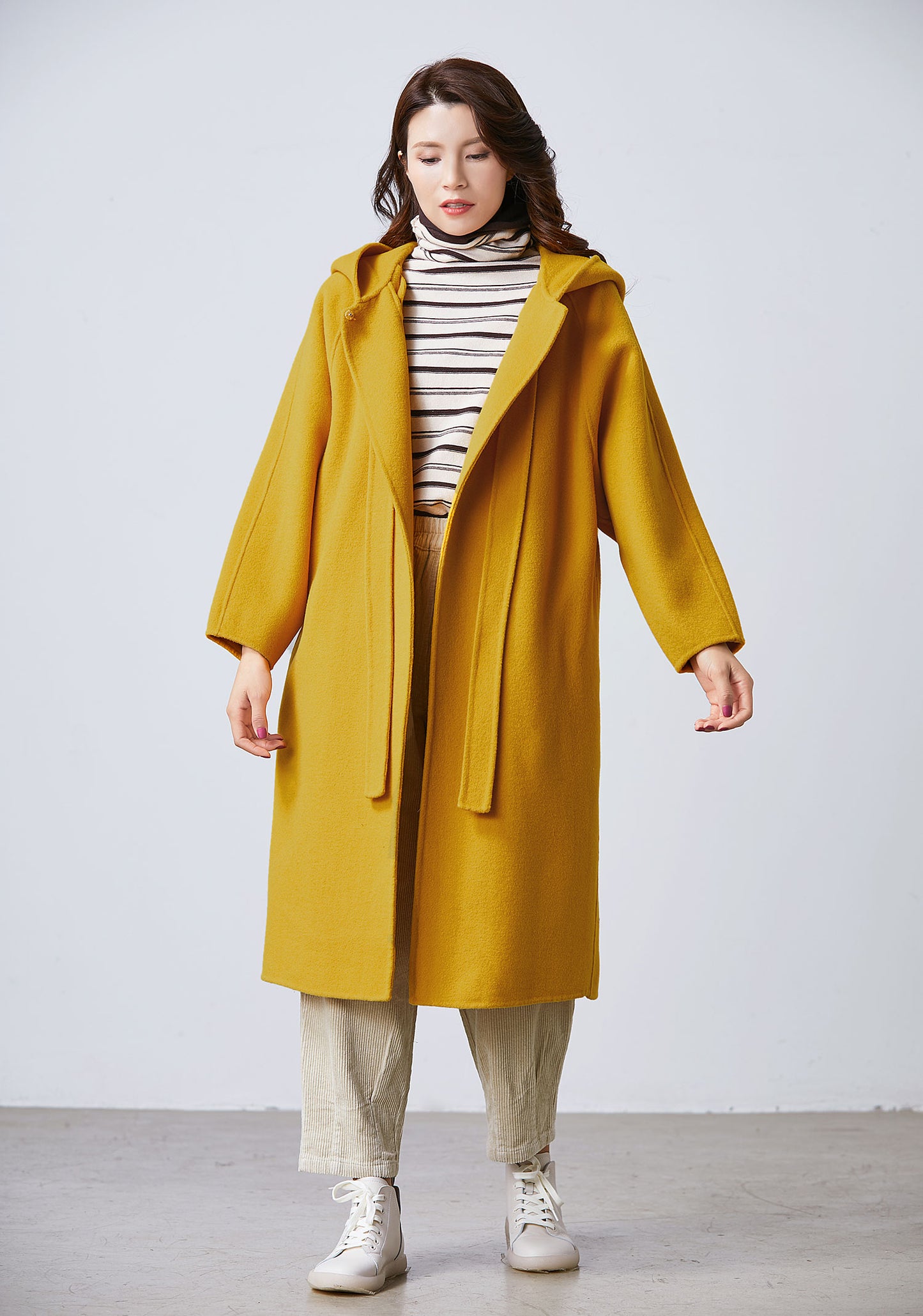 Mustard yellow cape coat, hooded coat C1713